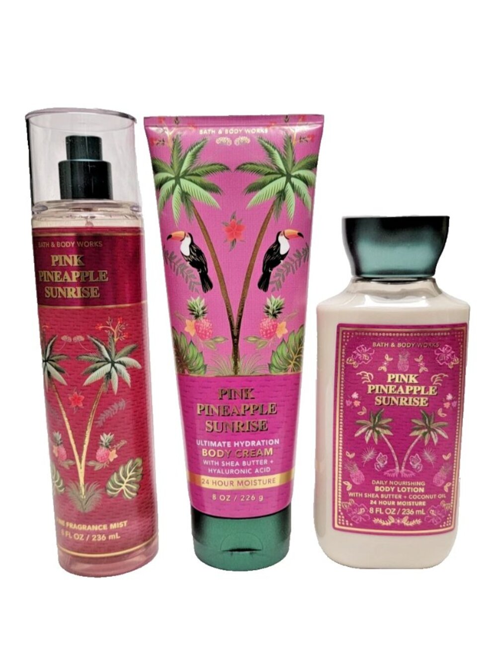 Bath & Body Works PINK PINEAPPLE SUNRISE Set of 3 FRAGRANCE MIST Lotion CREAM
